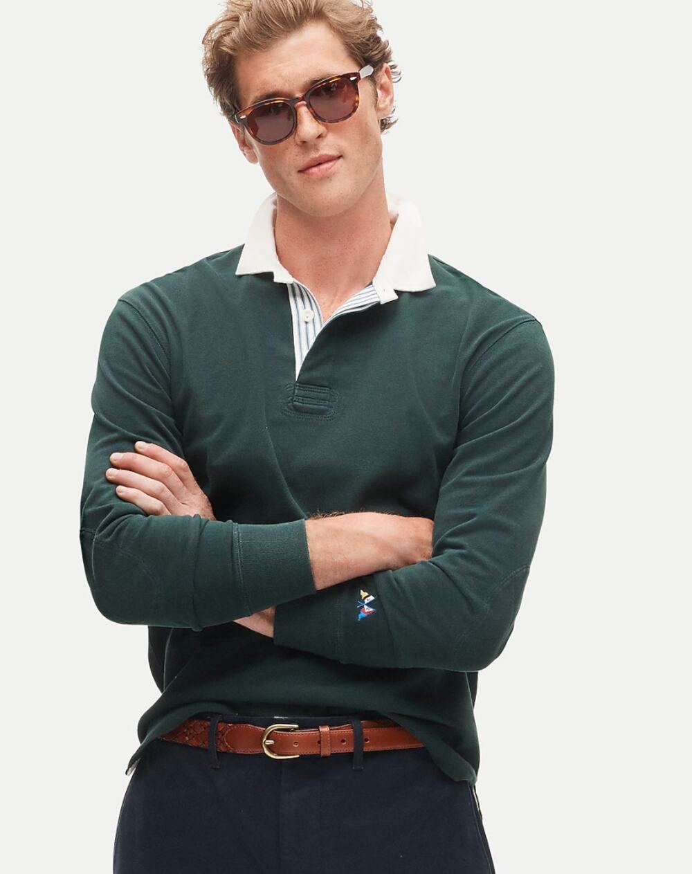J Crew Rugby Shirt Long Sleeve Contrast Collar Medium Green